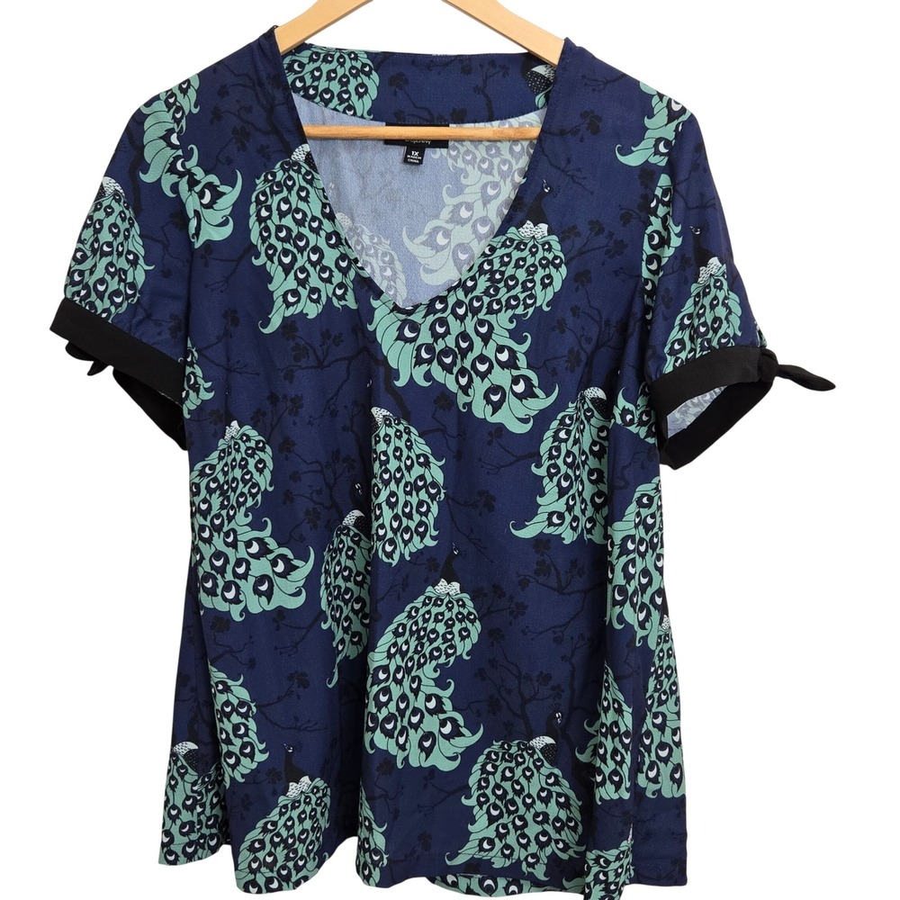 ModCloth x DuPENNY 1X Navy Blue Peacock Print V Neck Knot Sleeve Top Casual Chic